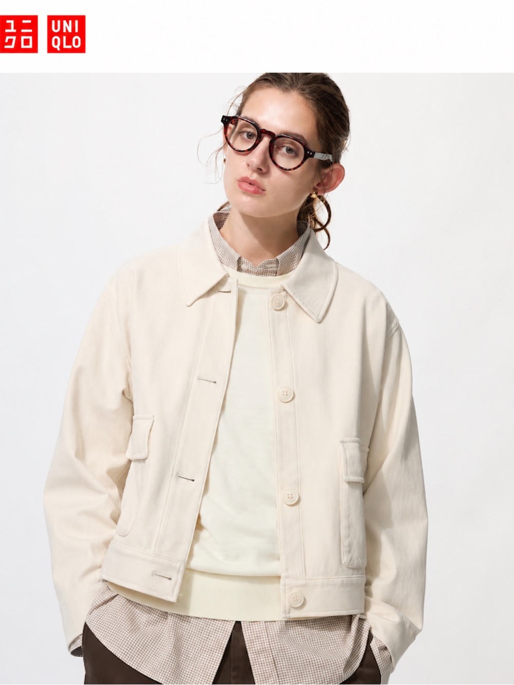 Uniqlo Cream Short Button Front Jean Jacket - Women